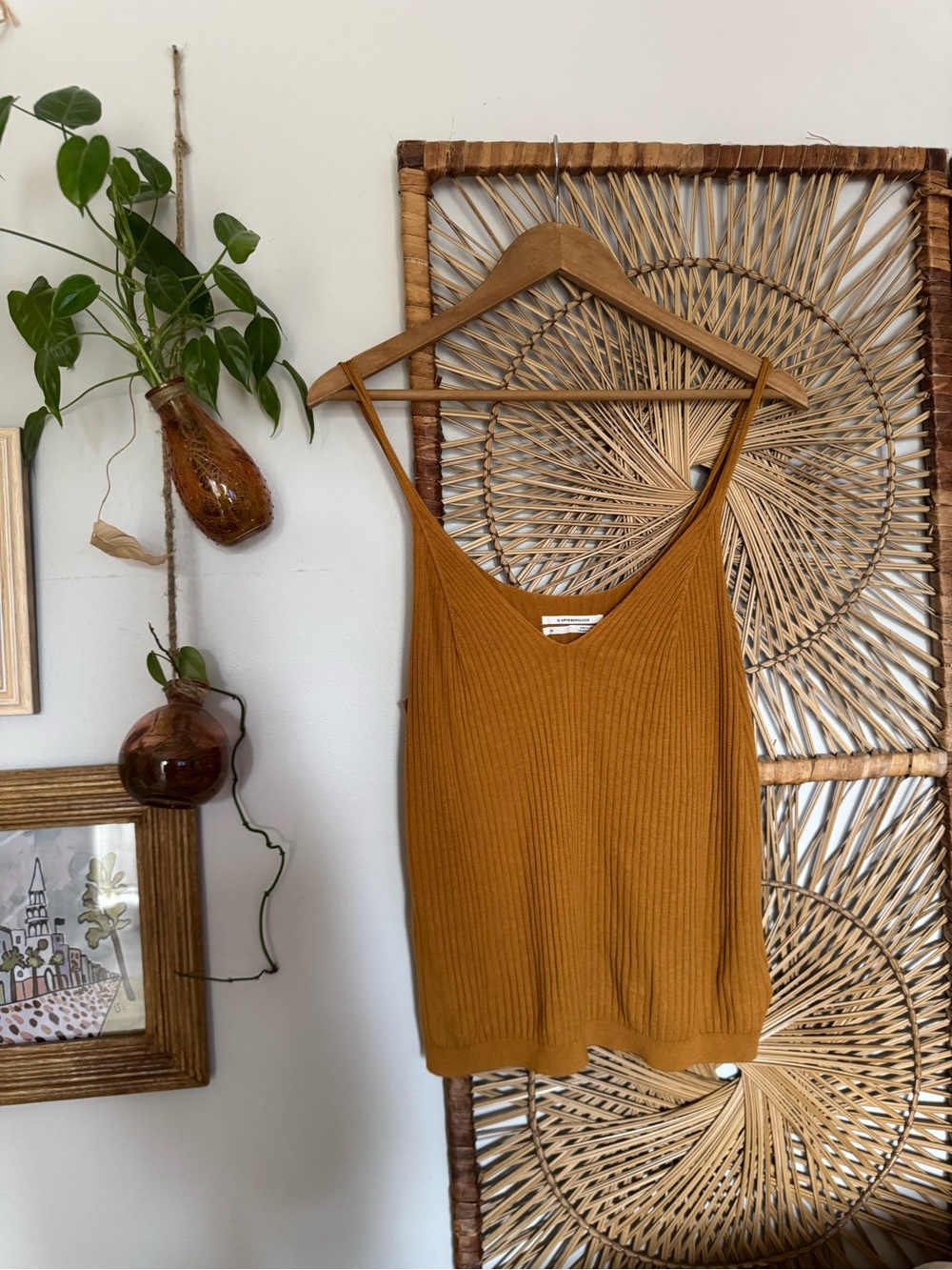 Anthropologie Ribbed V-Neck Tank Top - Mustard Brown